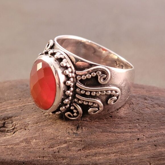 Red Oval Faceted Carnelian Octopus Tentacles Artisan Sterling Ring - Picture 6 of 10